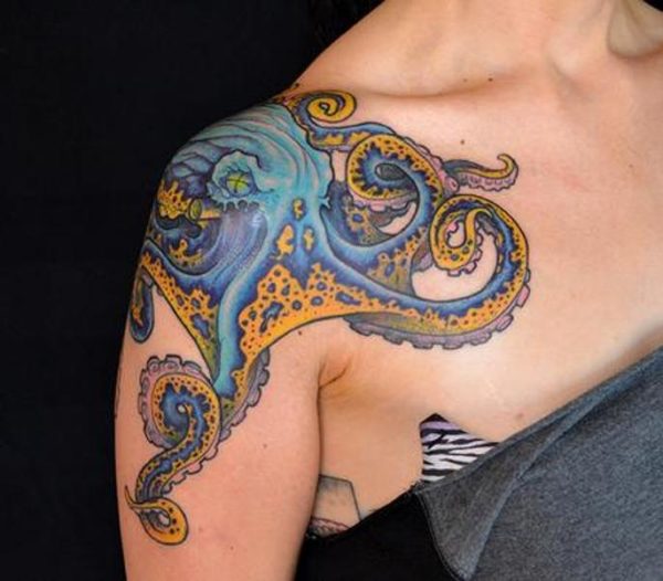 Colorful Octupos Tattoo On Shoulder