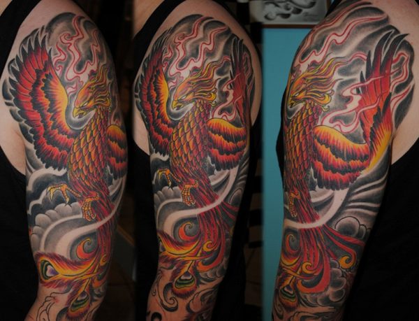 Colorful Phoenix Left Shoulder Tattoo Designer