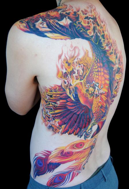 Colorful Phoenix Shoulder Back Tattoo