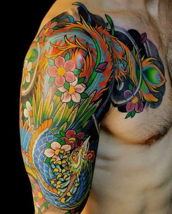 Colorful Phoenix Tattoo On Right Shoulder