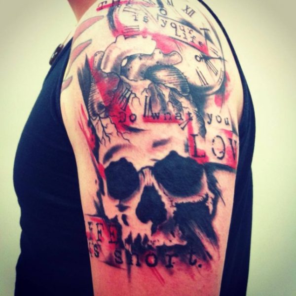 Colorful Skull And Clock Tattoo