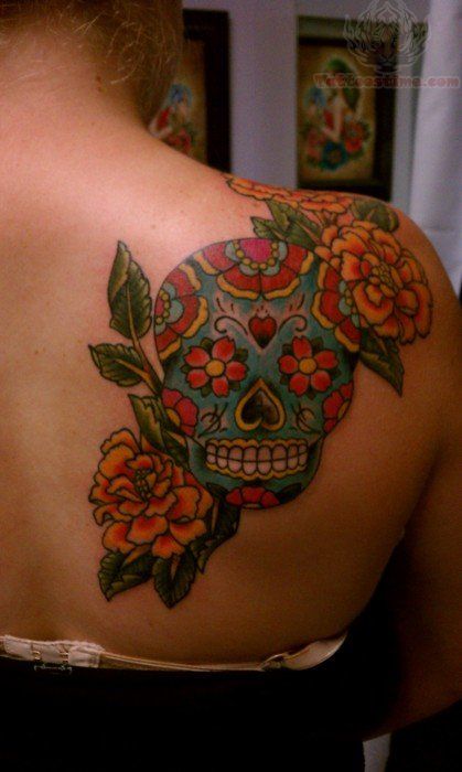 Colorful Skull Cover Up Tattoo Design