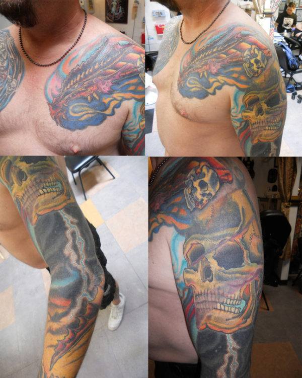 Colorful Skull Shoulder Cover Tattoo