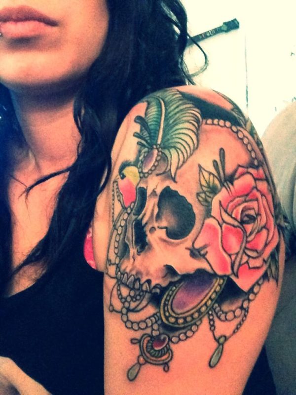 Colorful Skull Shoulder Tattoo