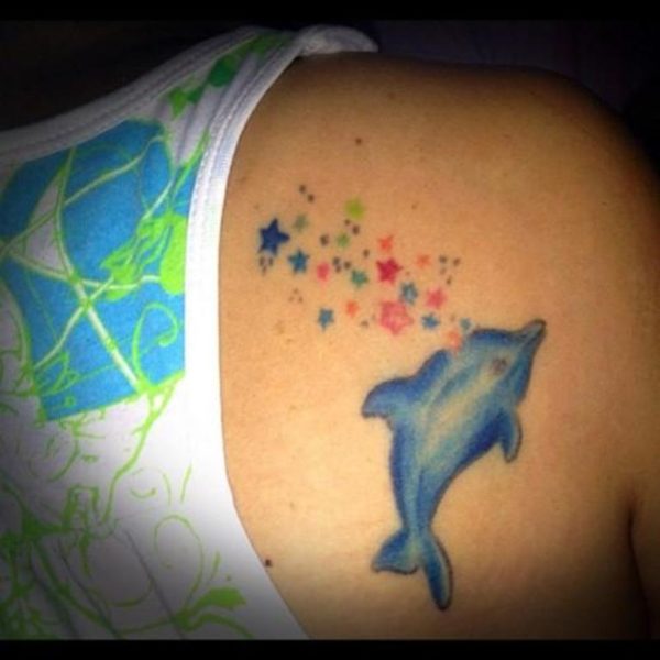 Colorful Star And Fish Tattoo