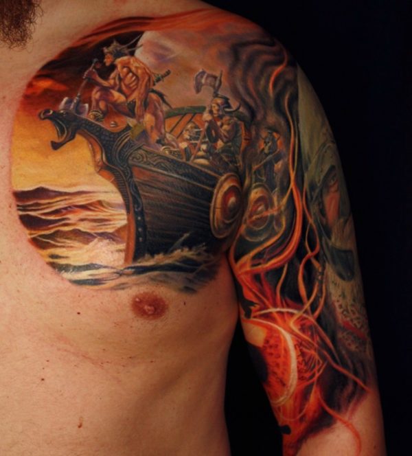 Colorful Viking Ship Tattoo