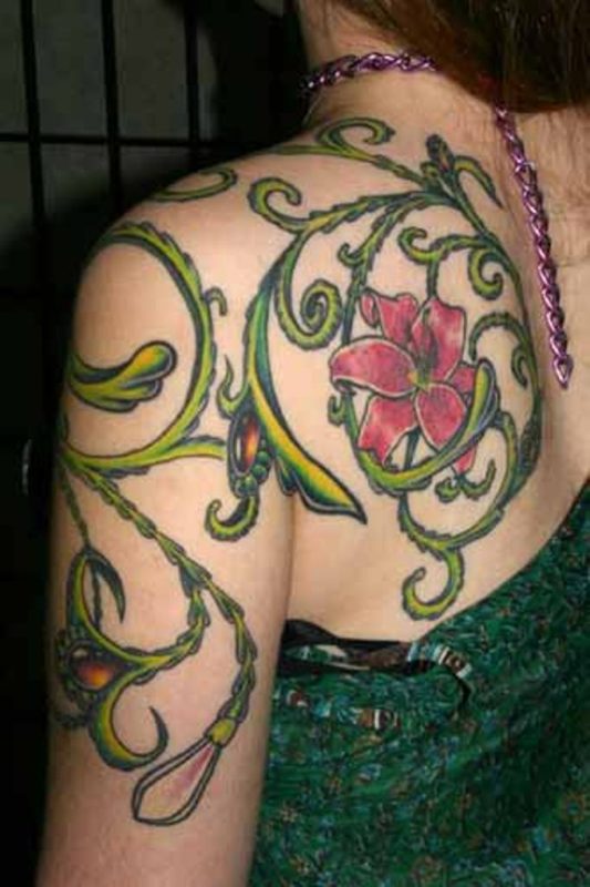Colorful Vine Shoulder Tattoo
