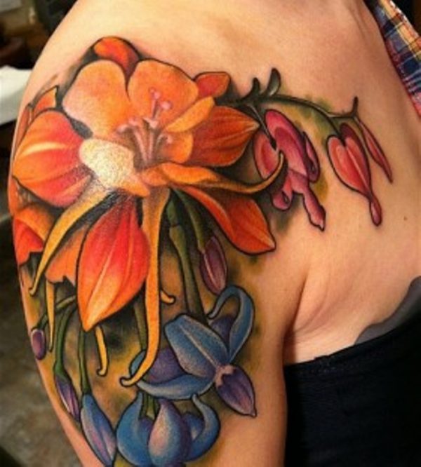 Colorful Flowers Shoulder Tattoo