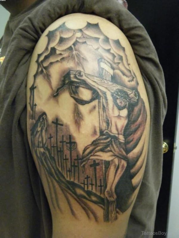 Cross And Jesus Tattoo On Shoulder
