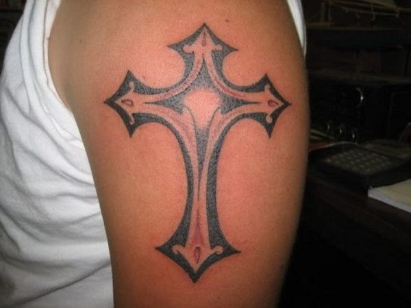 Cross Tattoo On Left Shoulder