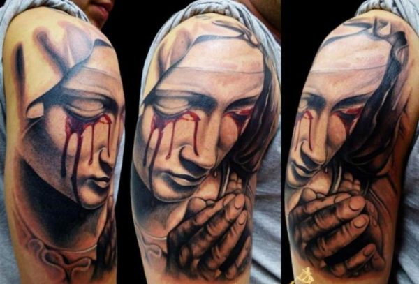 Crying Mary Tattoo On Shoulder
