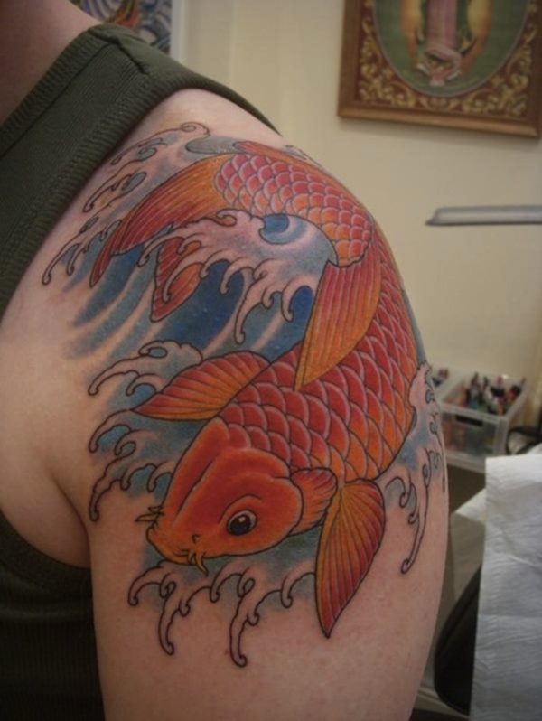 Cute Orange Fish Tattoo On Shoulder