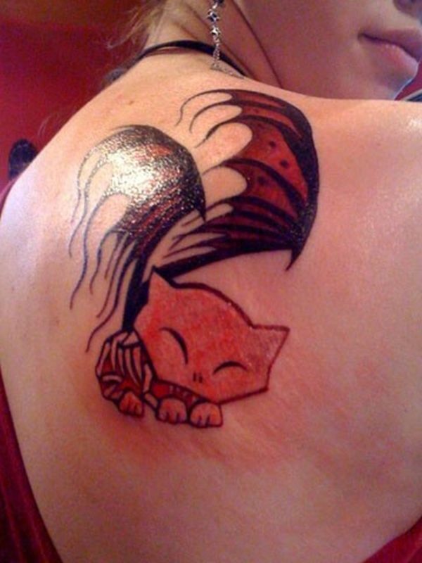 Cute Red Cat Shoulder Blade Tattoo