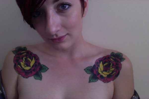 Dark Pink Flower Tattoo On Both Shoulders