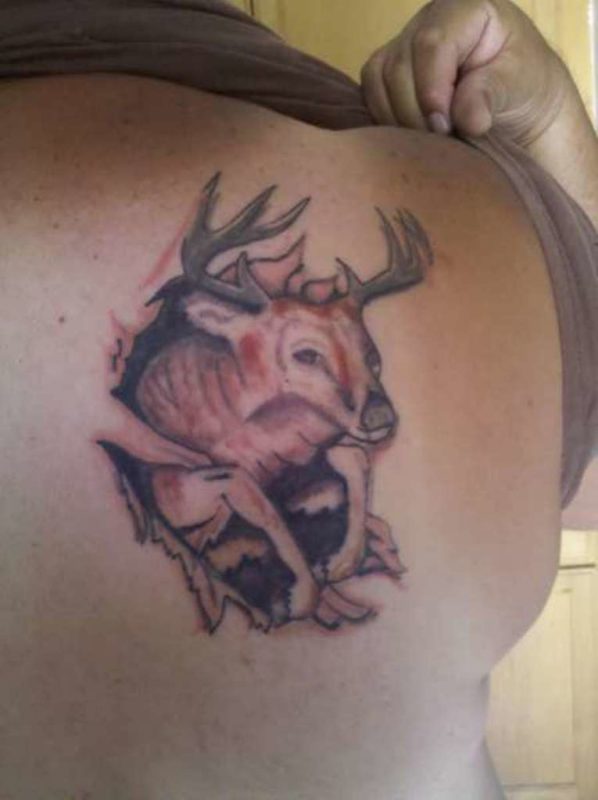 Deer Ripping Skin Tattoo Of Back Shoulder