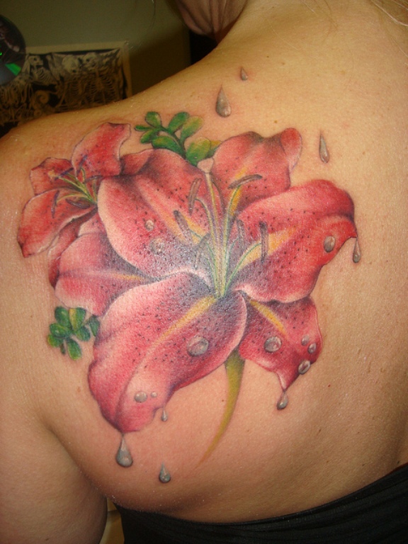 Designer Lily Flower Tattoo On Shoulder