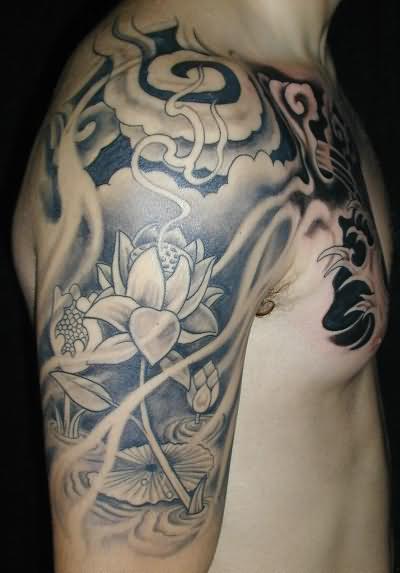 Designer Lotus Shoulder Half Sleeves Tattoo