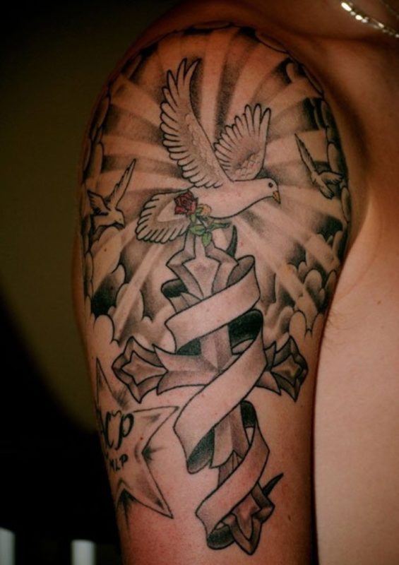 Dove And Cross Shoulder Tattoo