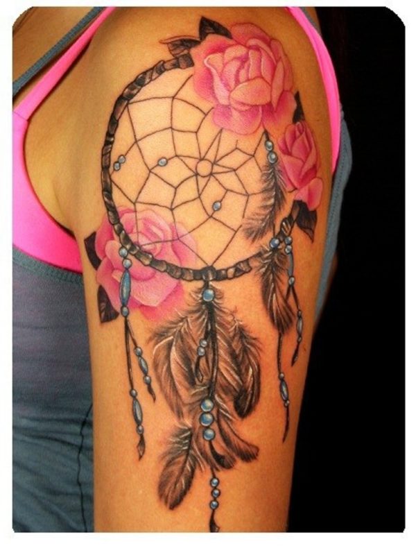 Dream Catcher Flower Tattoo On Shoulder