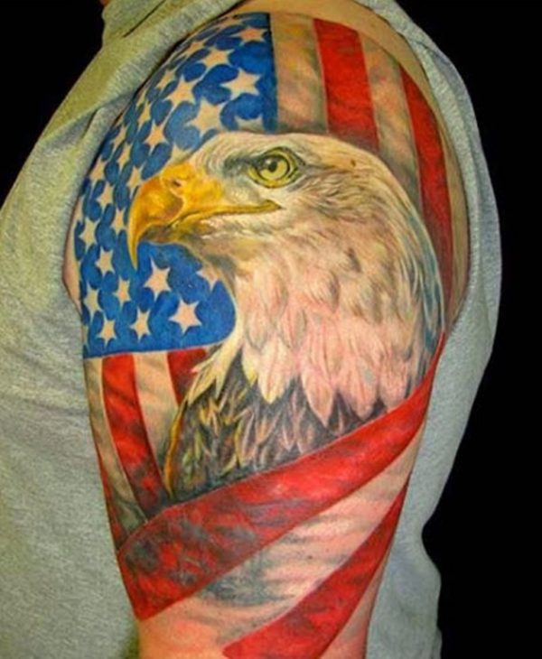Eagle With American Flag Tattoo On Shoulder