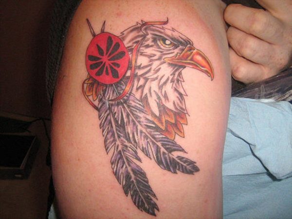 Eagle With Feather Shoulder Tattoo