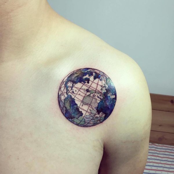 Earth Tattoo On Front Shoulder