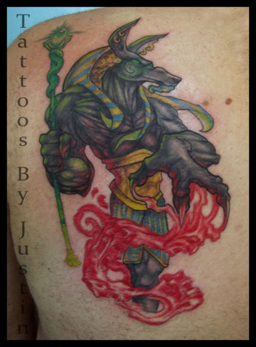 Egyptian Colored Tattoo On  Left Back Shoulder