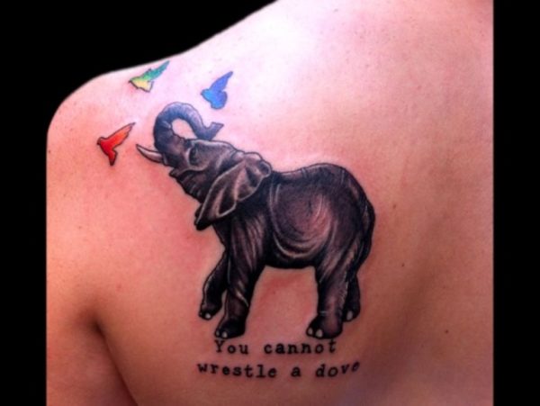 Elephant And Birds Shoulder Tattoo