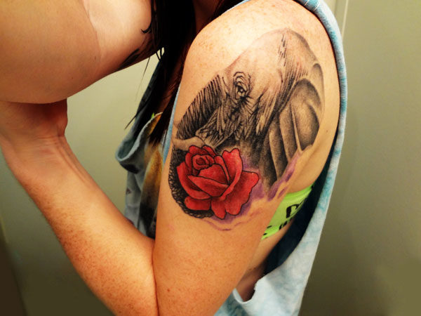 Elephant And Rose Tattoo