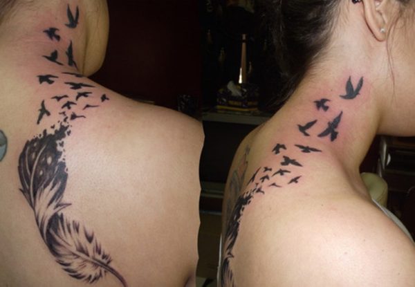 Feather With Birds Shoulder Tattoo