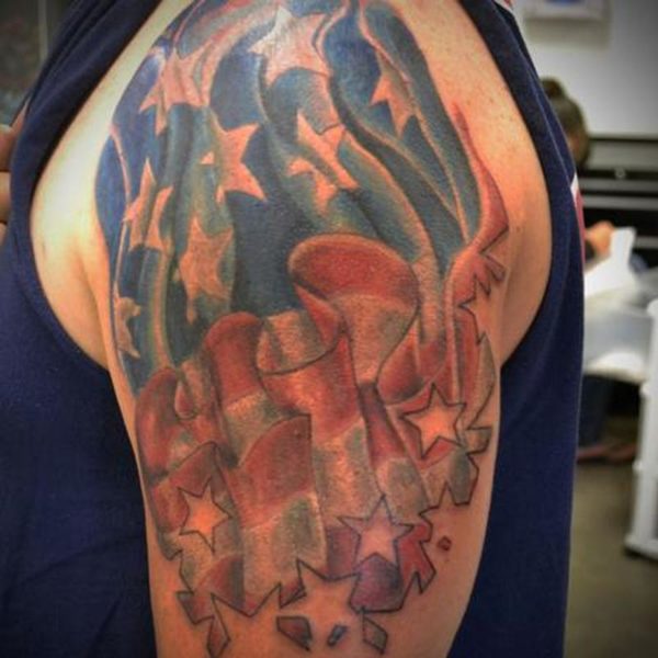 Flag Tattoo On Left Shoulder