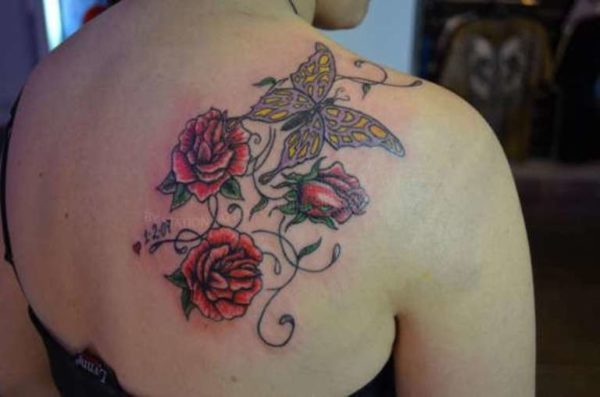 Flower And Butterfly Tattoo On Shoulder Back