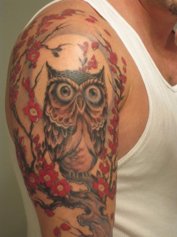 Flower And Owl Tattoo On Shoulder
