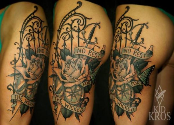 Flower Compass Tattoo On Shoulder