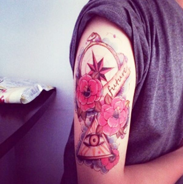 Flowers And Eye Shoulder Tattoo