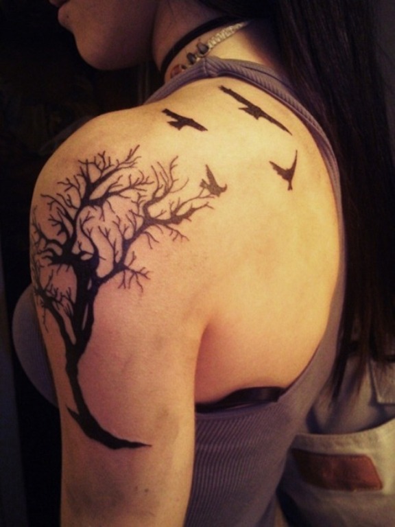 Flying Birds And Tree Shoulder Tattoo