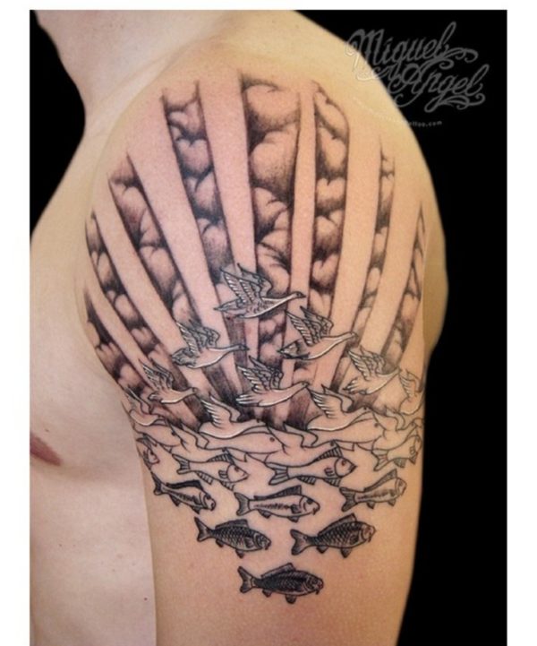 Flying Birds In Cloud Shoulder Tattoo