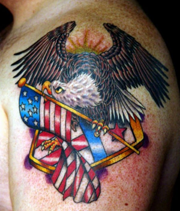 Flying Eagle With USA Flag Tattoo