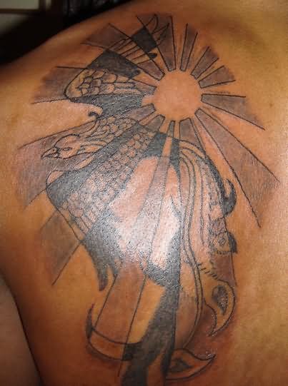 Flying Phoenix And Sun Rays Tattoo On Shoulder