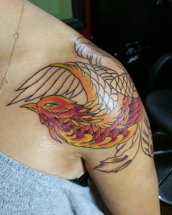 Flying Phoenix Shoulder Tattoo For Woman