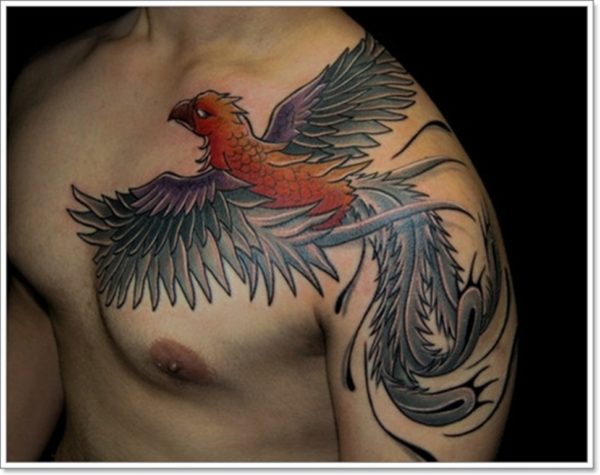 Flying Phoenix Tattoo On Front Shoulder