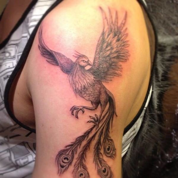 Flying Phoenix Tattoo On Left Shoulder