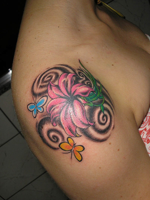 Front Flower Tattoo On Shoulder 