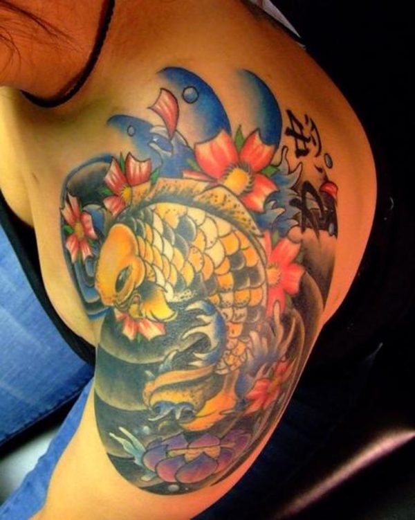 Golden Fish Tattoo On Shoulder