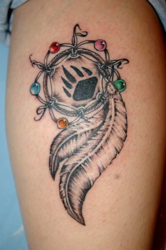 Green And Orange Dream Catcher Tattoo