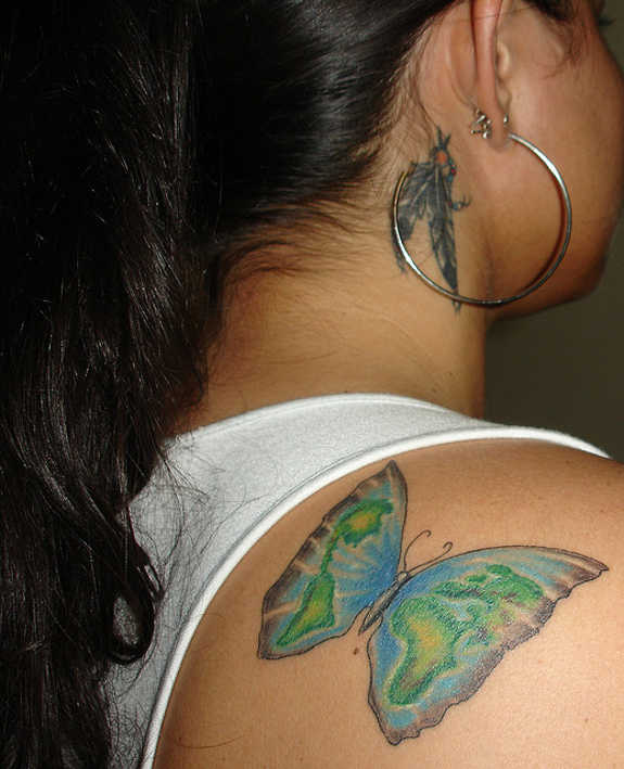 Green Butterfly Tattoo On Shoulder Back