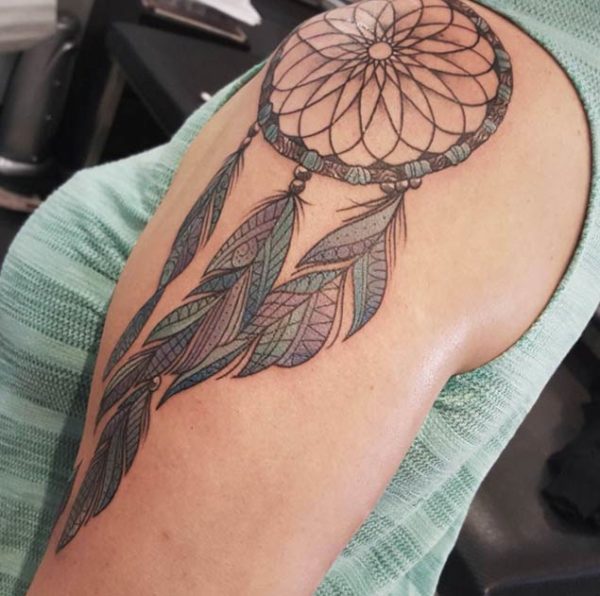 Green Dream Catcher Tattoo On Shoulder