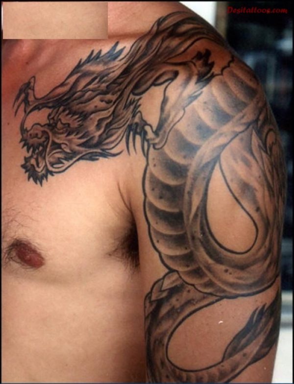 Grey And Black Dragon Shoulder Tattoo