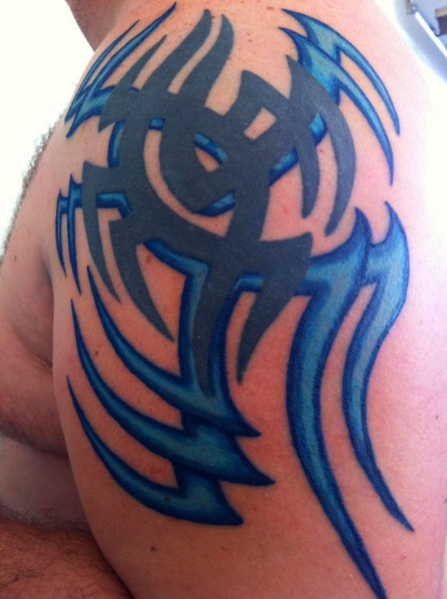 Grey And Blue Tribal Shoulder Tattoo