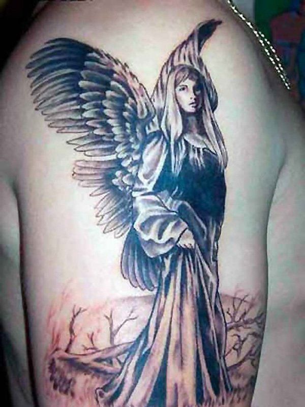Grey Angel Shoulder Tattoo Design